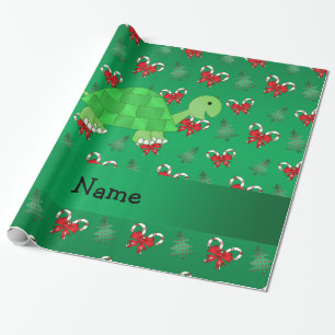 Personalized name turtle green candy canes bows wrapping paper