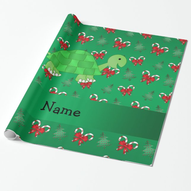 Personalized name turtle green candy canes bows wrapping paper (Unrolled)