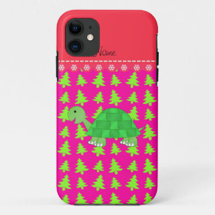 Personalized name turtle pink green christmas tree iPhone 11 case