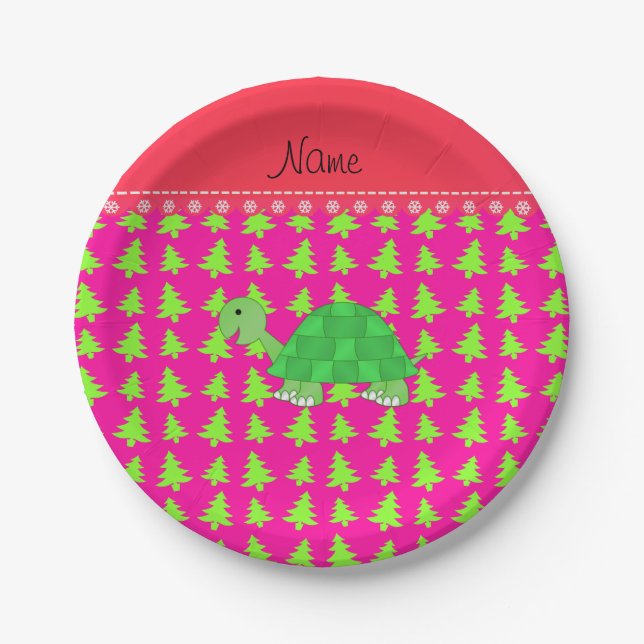 Personalized name turtle pink green christmas tree paper plate (Front)