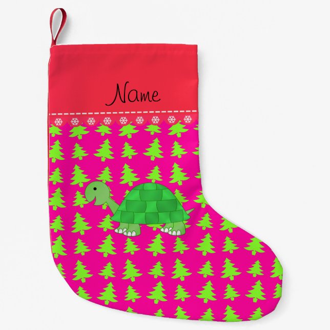 Personalized name turtle pink green christmas tree small christmas stocking (Front)