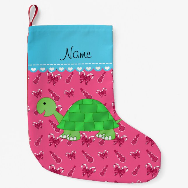 Personalized name turtle pink snowman candy canes small christmas stocking (Front)