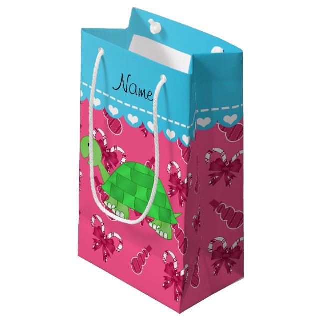 Personalized name turtle pink snowman candy canes small gift bag (Front Angled)