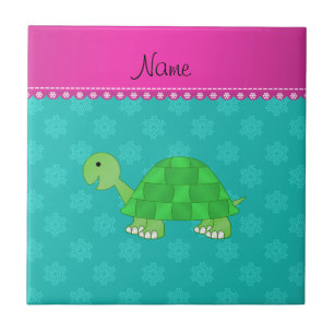 Personalized name turtle turquoise snowflakes tile
