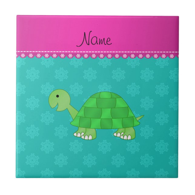 Personalized name turtle turquoise snowflakes tile (Front)
