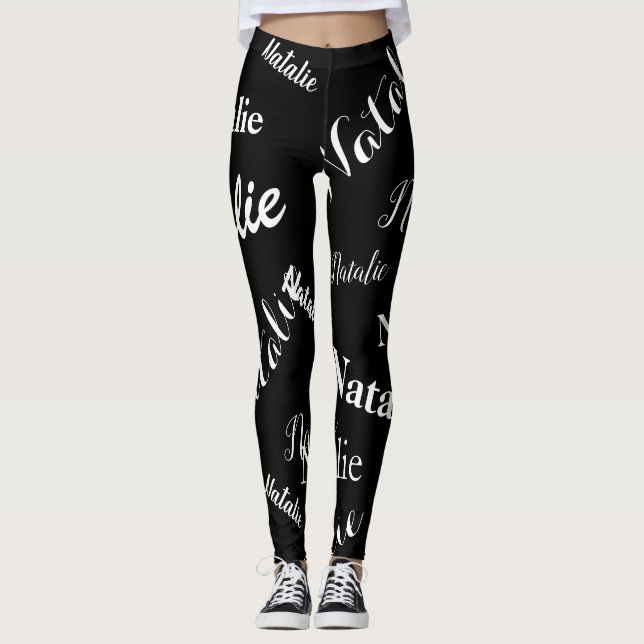 Personalized Name Typography Font Pattern Black Leggings (Front)