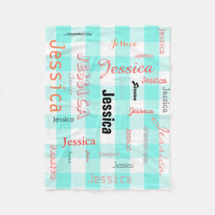Personalized Name Typography Teal Coral Plaid Fleece Blanket