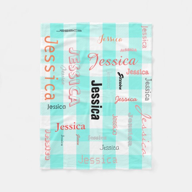 Personalized Name Typography Teal Coral Plaid Fleece Blanket (Front)