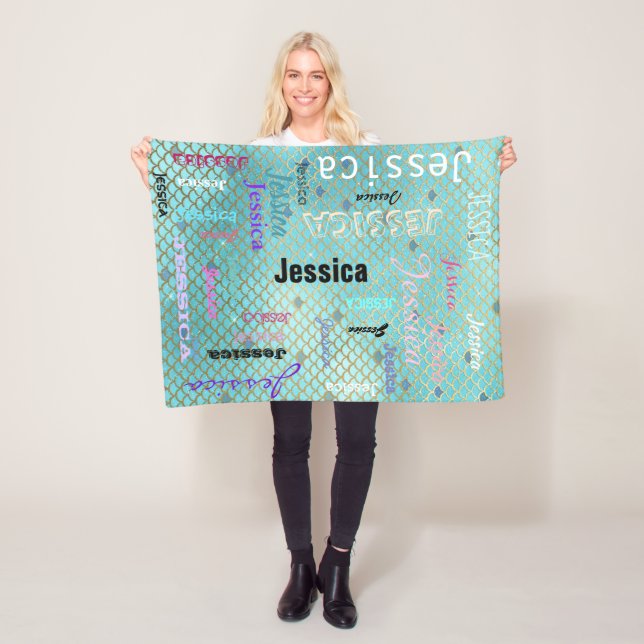 Personalized Name Typography Teal Mermaid Scales Fleece Blanket (In Situ)