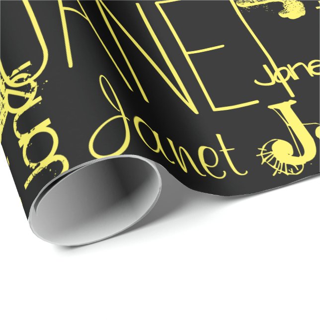 Personalized Name Typography Yellow Black Wrapping Paper (Roll Corner)