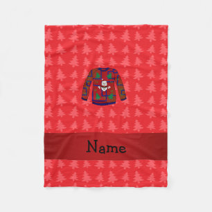 Personalized name ugly christmas sweater red trees fleece blanket