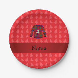 Personalized name ugly christmas sweater red trees paper plate