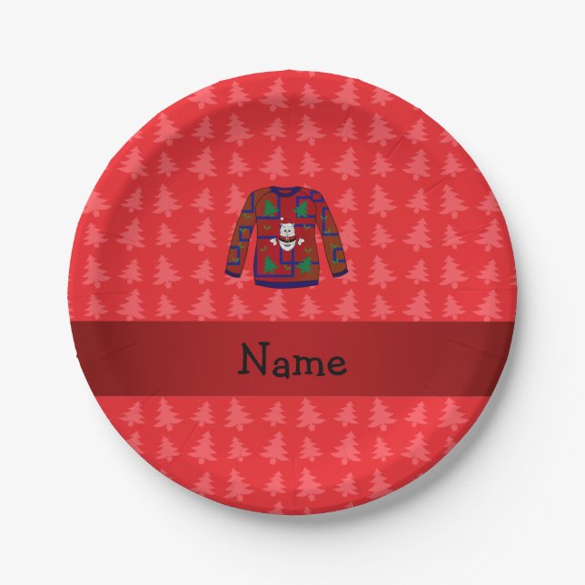 Personalized name ugly christmas sweater red trees paper plate (Front)