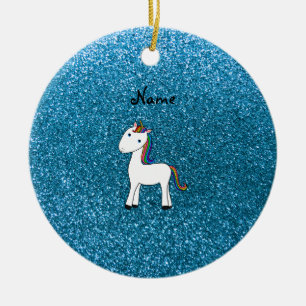 Personalized name unicorn blue glitter ceramic ornament