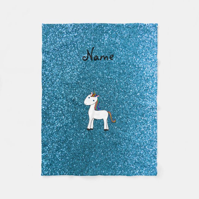 Personalized name unicorn blue glitter fleece blanket (Front)