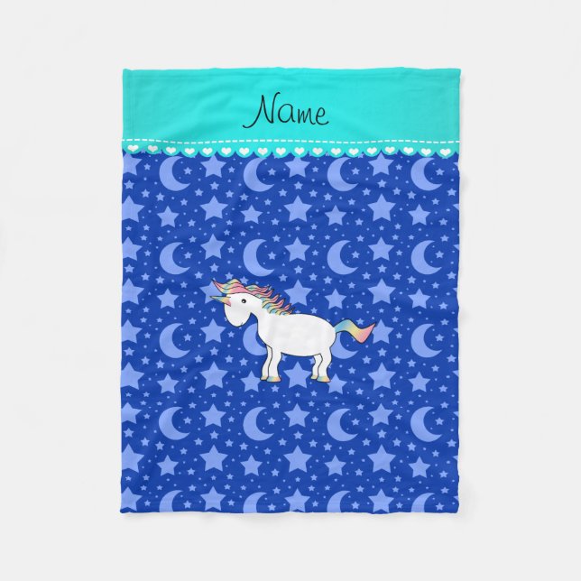 Personalized name unicorn blue stars moons fleece blanket (Front)