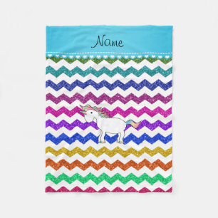 Personalized name unicorn glitter rainbow chevrons fleece blanket