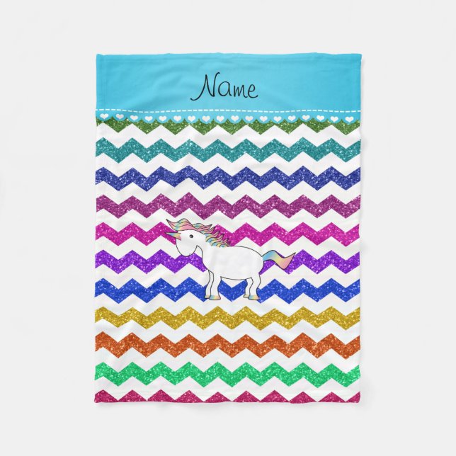 Personalized name unicorn glitter rainbow chevrons fleece blanket (Front)
