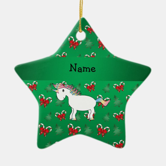 Personalized name unicorn green candy canes bows ceramic ornament (Front)