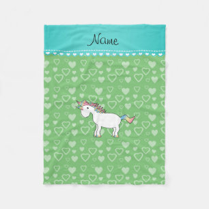 Personalized name unicorn green hearts fleece blanket