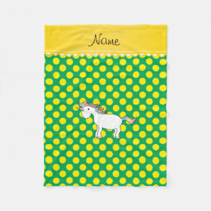 Personalized name unicorn green yellow polka dots fleece blanket