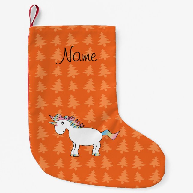 Personalized name unicorn orange trees small christmas stocking (Front)