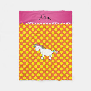Personalized name unicorn orange yellow polka dots fleece blanket