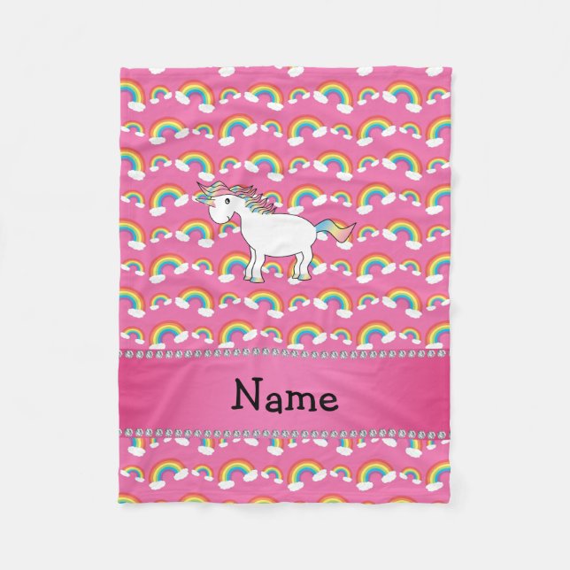Personalized name unicorn pastel pink rainbows fleece blanket (Front)