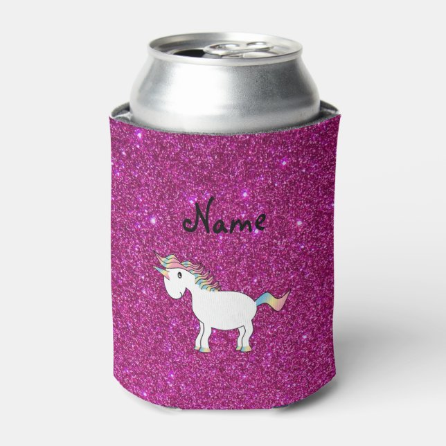 Personalized name unicorn pink glitter can cooler (Can Front)