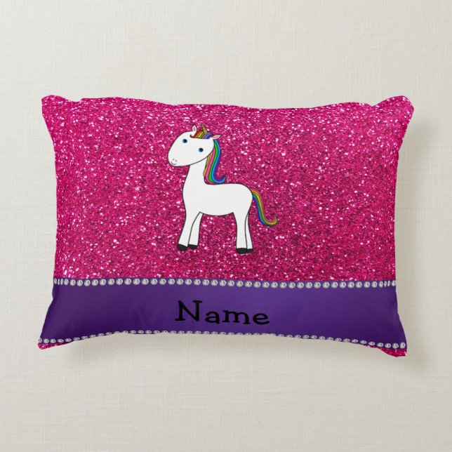 Personalized name unicorn pink glitter decorative pillow (Back)