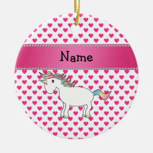 Personalized name unicorn pink hearts ceramic ornament