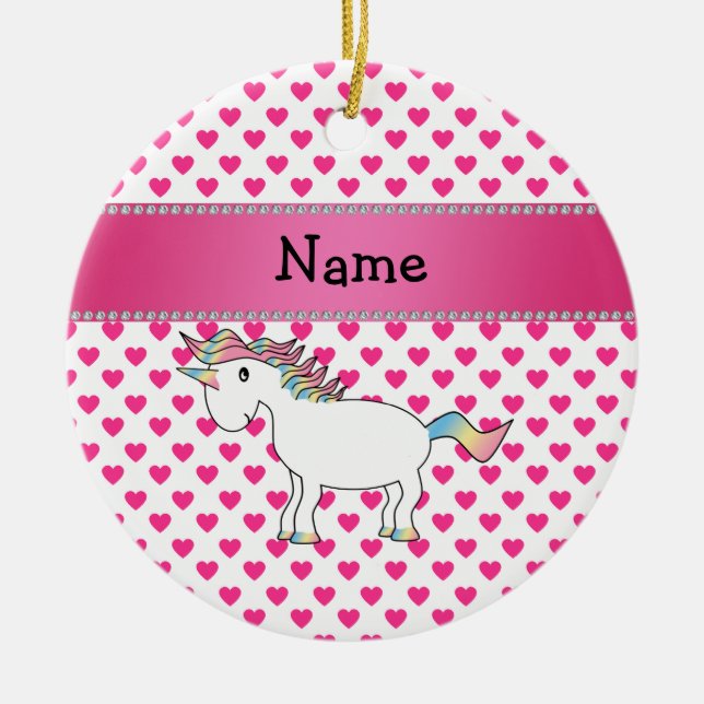 Personalized name unicorn pink hearts ceramic ornament (Front)