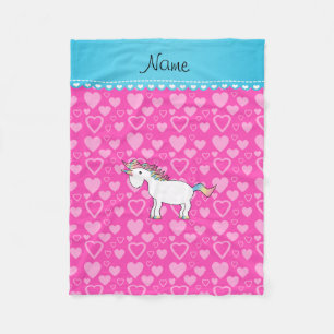 Personalized name unicorn pink hearts fleece blanket