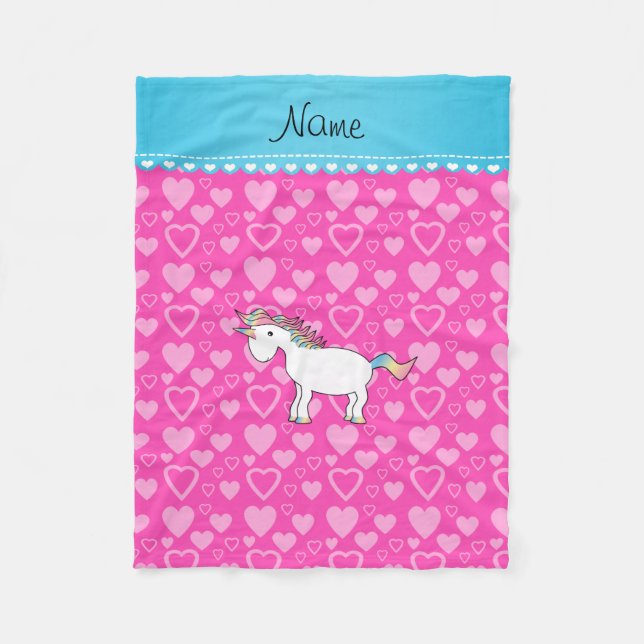 Personalized name unicorn pink hearts fleece blanket (Front)