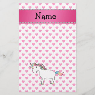 Personalized name unicorn pink hearts stationery
