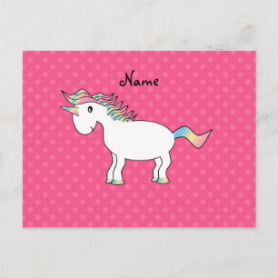 Personalized name unicorn pink polka dots postcard