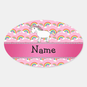 Personalized name unicorn pink rainbows oval sticker