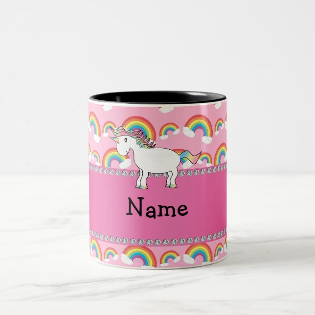 Personalized name unicorn pink rainbows Two-Tone coffee mug (Center)