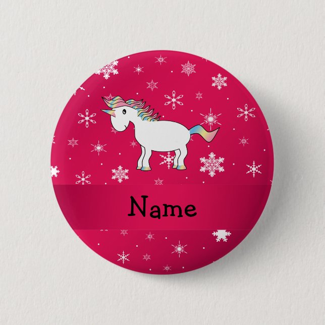 Personalized name unicorn pink snowflakes 2 inch round button (Front)