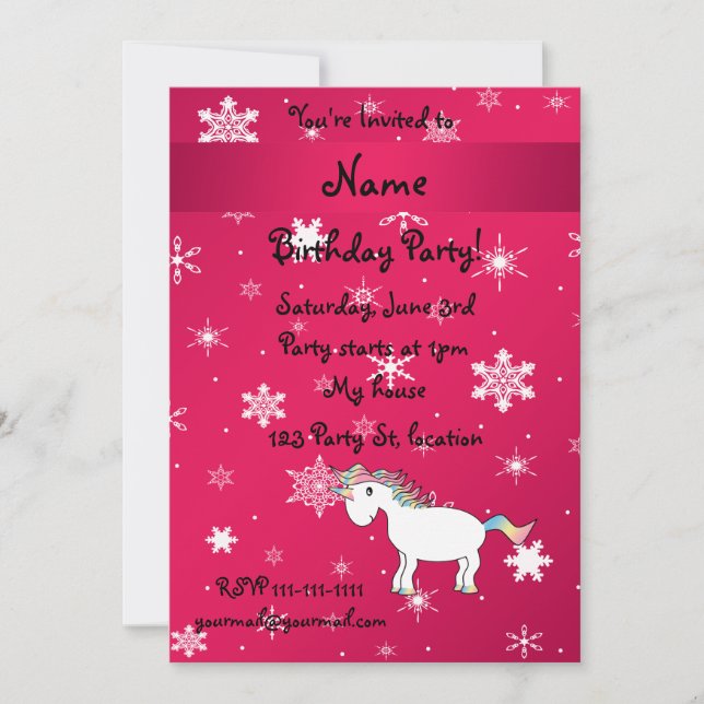 Personalized name unicorn pink snowflakes invitation (Front)