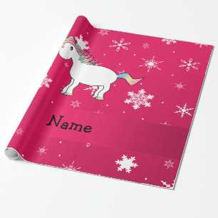 Personalized name unicorn pink snowflakes wrapping paper