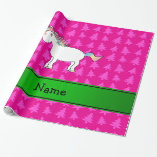 Personalized name unicorn pink trees wrapping paper