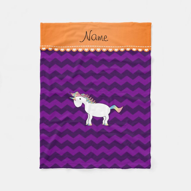 Personalized name unicorn purple chevrons fleece blanket (Front)