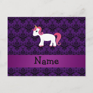 Personalized name unicorn purple damask postcard