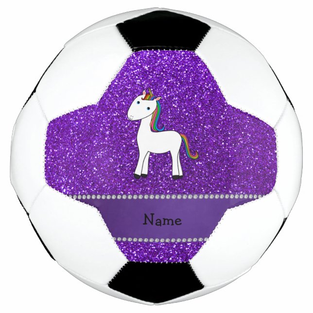 Personalized name unicorn purple glitter soccer ball (Front)