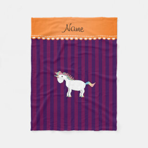Personalized name unicorn purple stripes fleece blanket