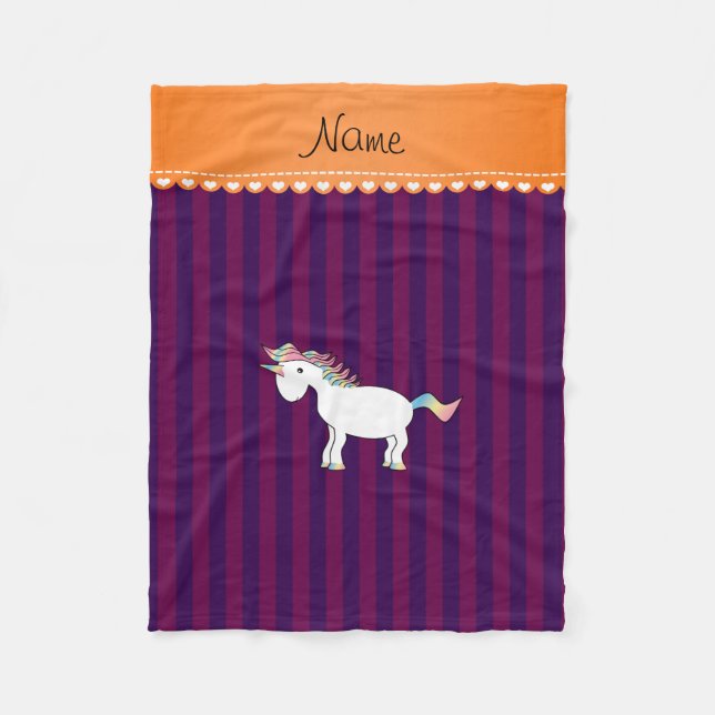 Personalized name unicorn purple stripes fleece blanket (Front)