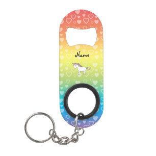 Personalized name unicorn rainbow hearts mini bottle opener