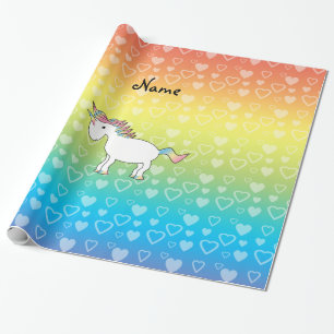 Personalized name unicorn rainbow hearts wrapping paper