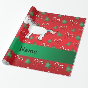 Personalized name unicorn red candy canes bows wrapping paper